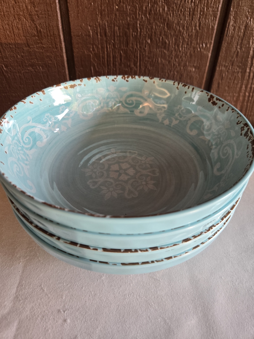 Nicole Miller 8" Aqua Blue Scroll with Brown Accent Melamine Bowls Set of 4